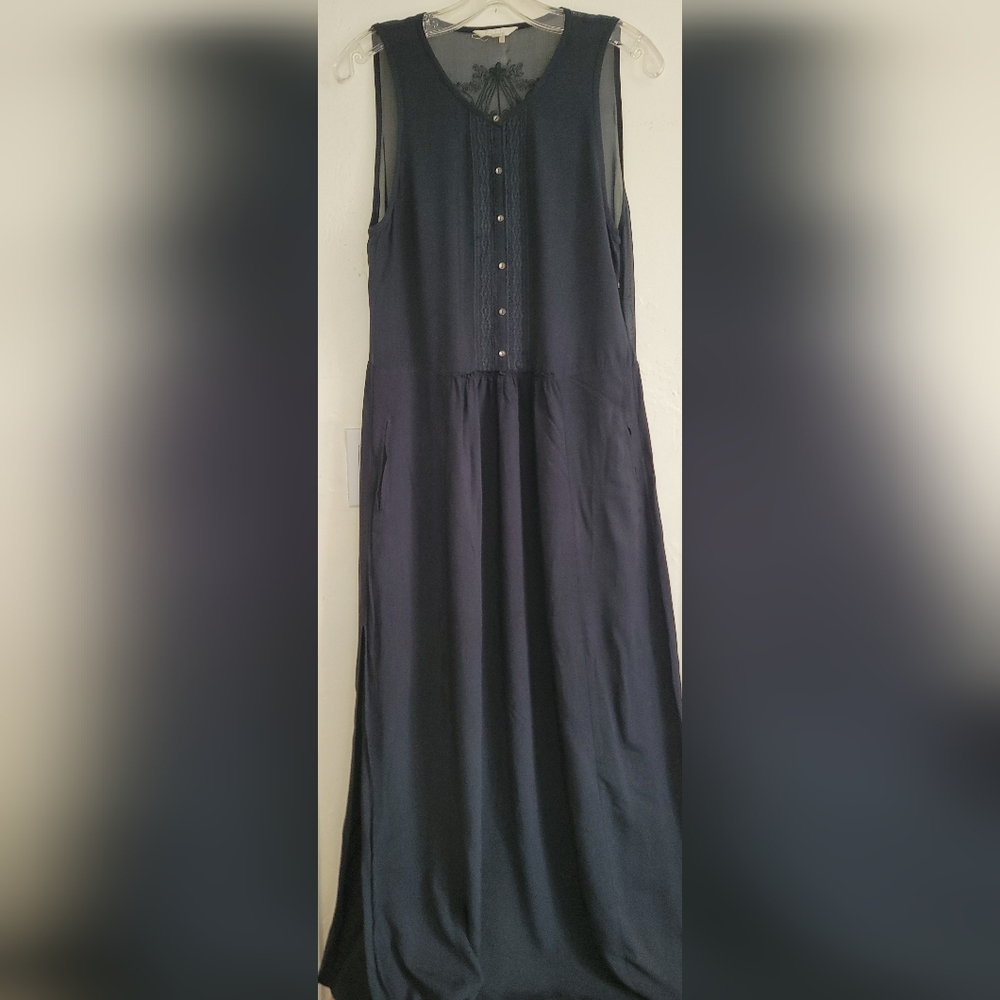 Babakul Dress True Black Maxi Embroidered Sleeveless Lace Trim Womens Medium